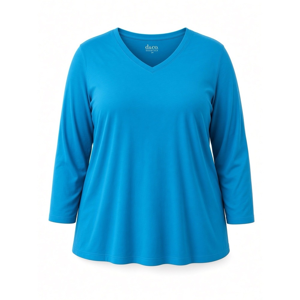 d&co. Essentials Plus Size 2X Blue V-Neck 3/4 Sleeve Top Soft Stretch Jersey